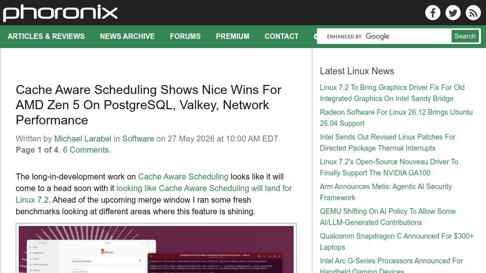 Screenshot of phoronix.com: Cache Aware Scheduling Shows Nice Wins for AMD Zen 5 on PostgreSQL, Valkey
