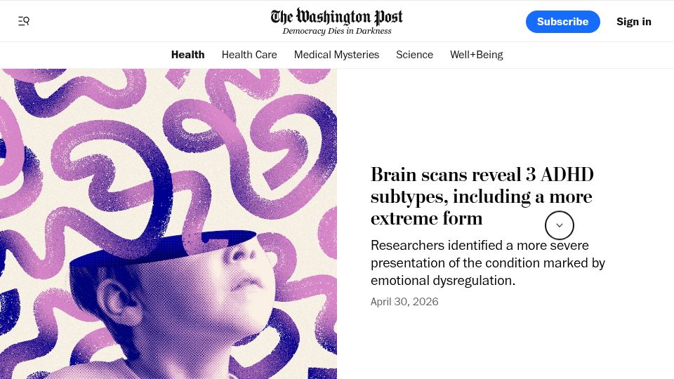 Screenshot of washingtonpost.com: Brain scans reveal 3 ADHD subtypes