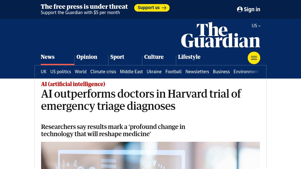 Screenshot of theguardian.com: OpenAI’s o1 correctly diagnosed 67% of ER patients vs. 50-55% by triage doctors