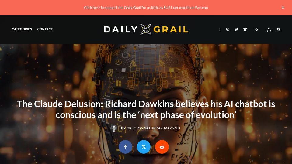 Screenshot of dailygrail.com: The Claude Delusion: Richard Dawkins believes his AI chatbot is conscious
