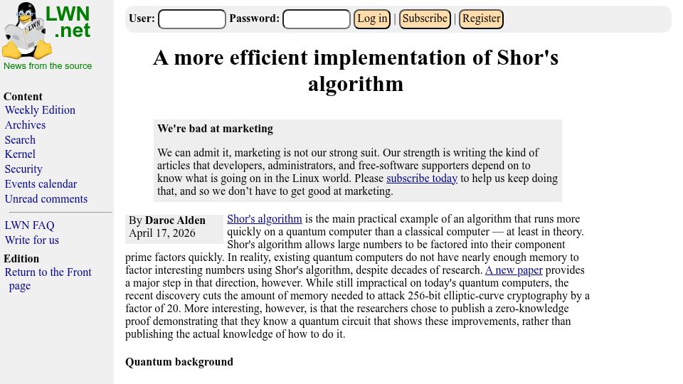 Screenshot of lwn.net: A more efficient implementation of Shor's algorithm