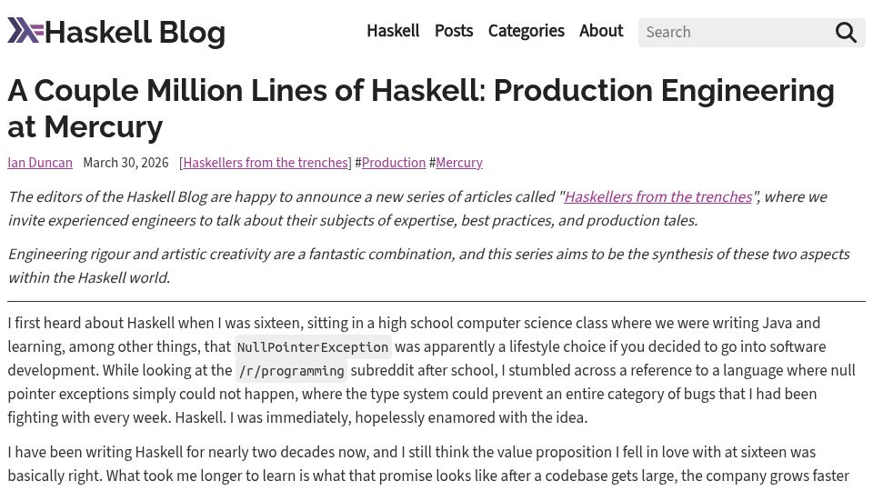 Screenshot of blog.haskell.org: A couple million lines of Haskell: Production engineering at Mercury