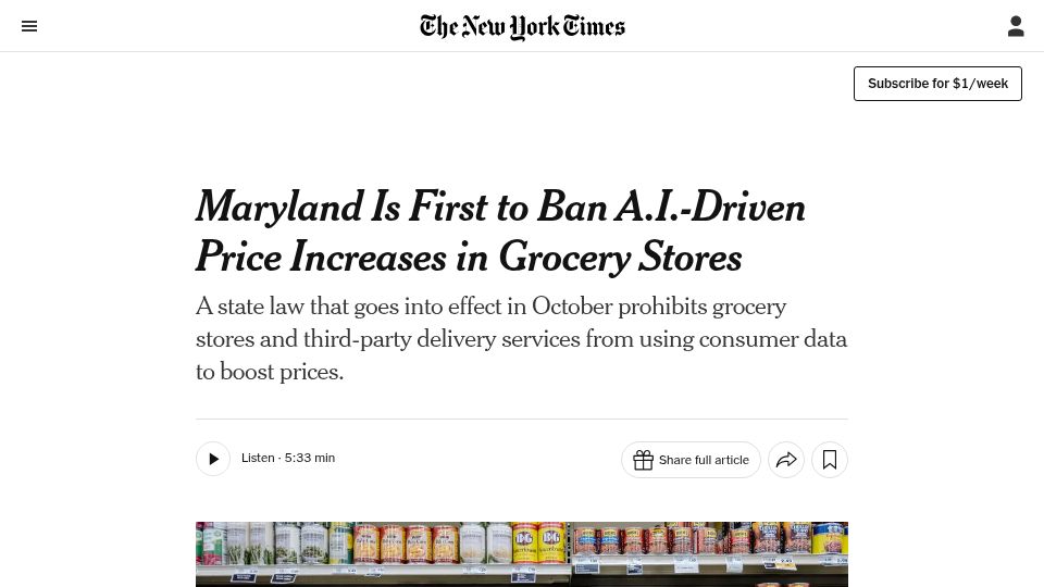 Screenshot of nytimes.com: Maryland to ban A.I.-driven price increases in grocery stores