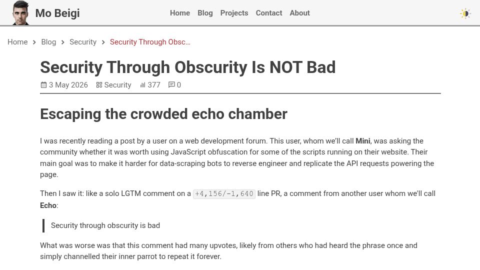 Screenshot of mobeigi.com: Security through obscurity is not bad