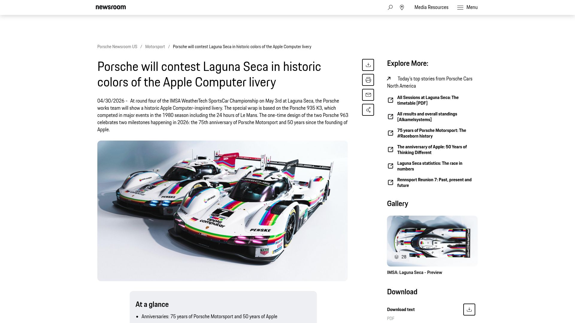 Screenshot of newsroom.porsche.com: Porsche will contest Laguna Seca in historic colors of the Apple Computer livery