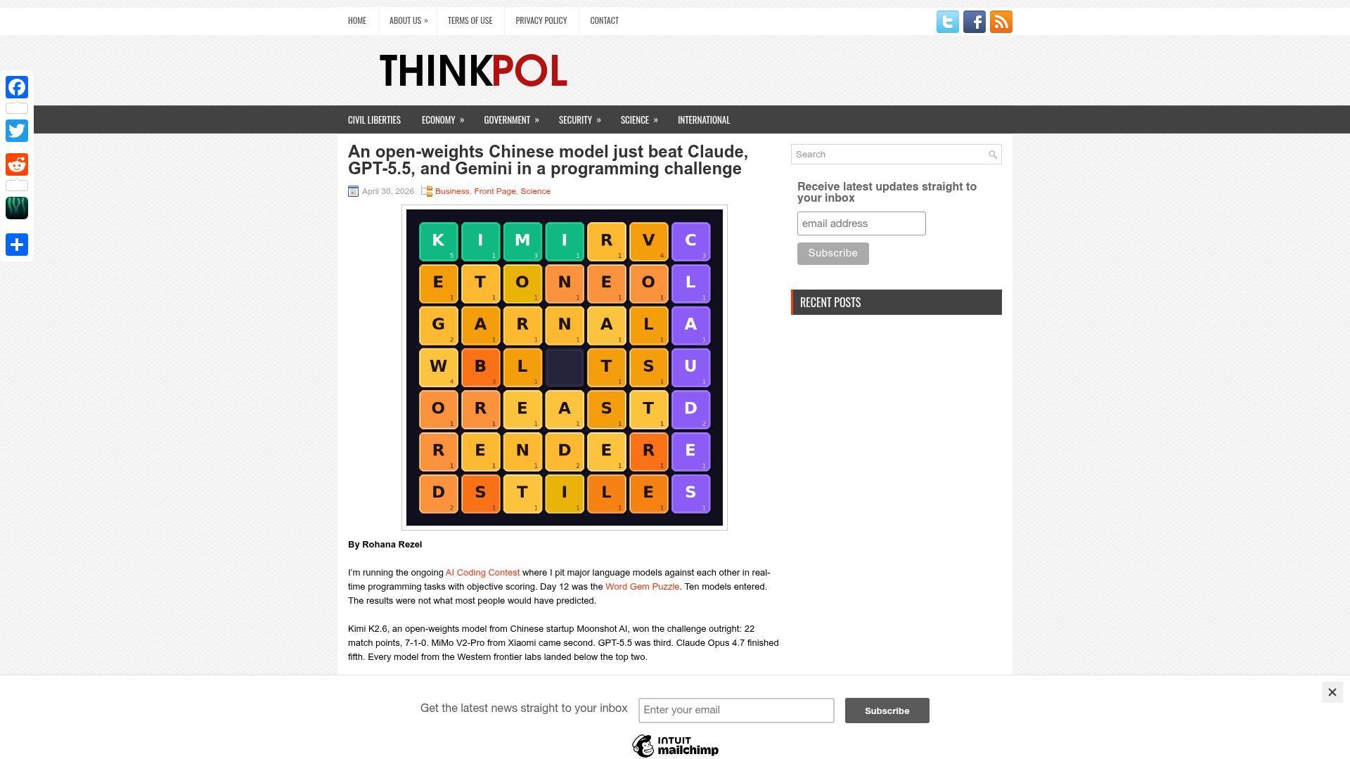 Screenshot of thinkpol.ca: Kimi K2.6 just beat Claude, GPT-5.5, and Gemini in a coding challenge