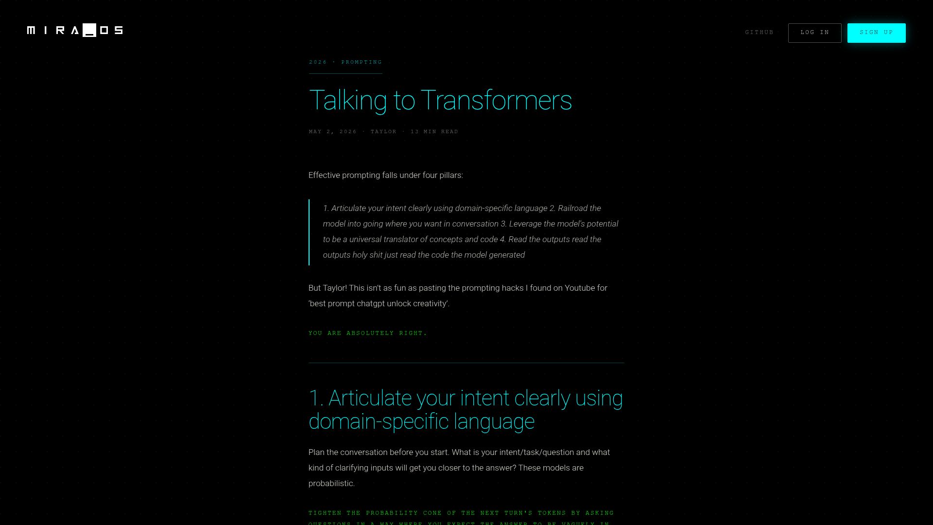 Screenshot of miraos.org: Talking to Transformers