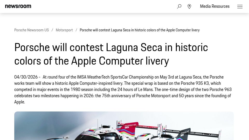 Screenshot of newsroom.porsche.com: Porsche will contest Laguna Seca in historic colors of the Apple Computer livery