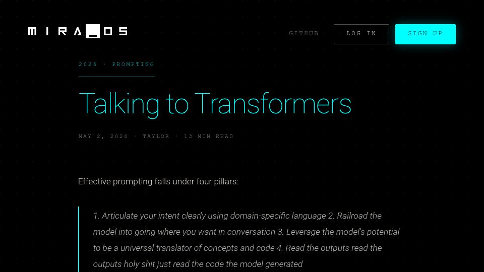 Screenshot of miraos.org: Talking to Transformers