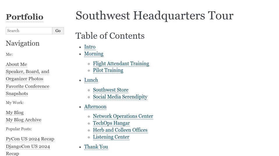 Screenshot of katherinemichel.github.io: Southwest Headquarters Tour