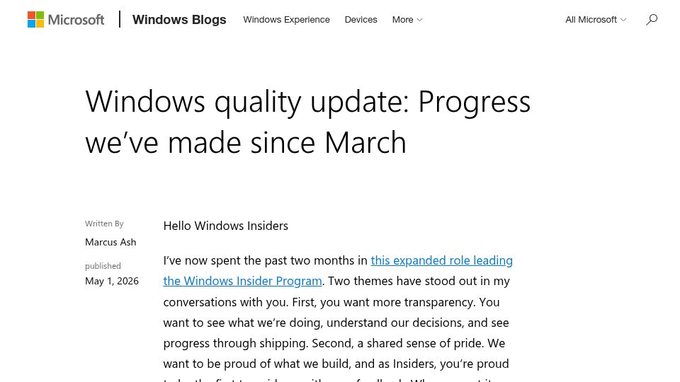 Screenshot of blogs.windows.com: Windows quality update: Progress we've made since March