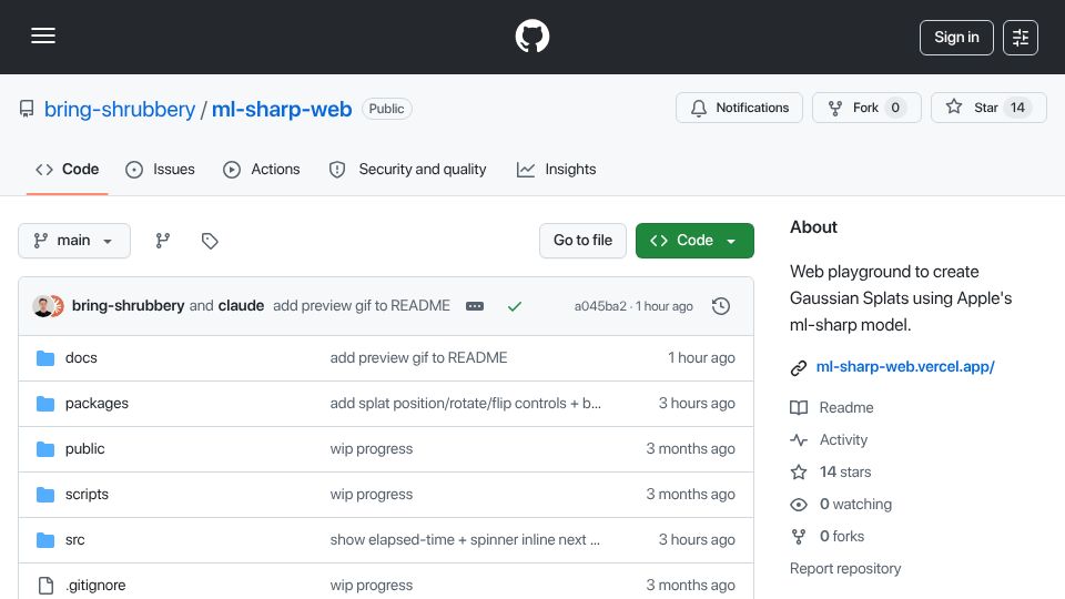 Screenshot of github.com: Show HN: Apple's SHARP running in the browser via ONNX runtime web