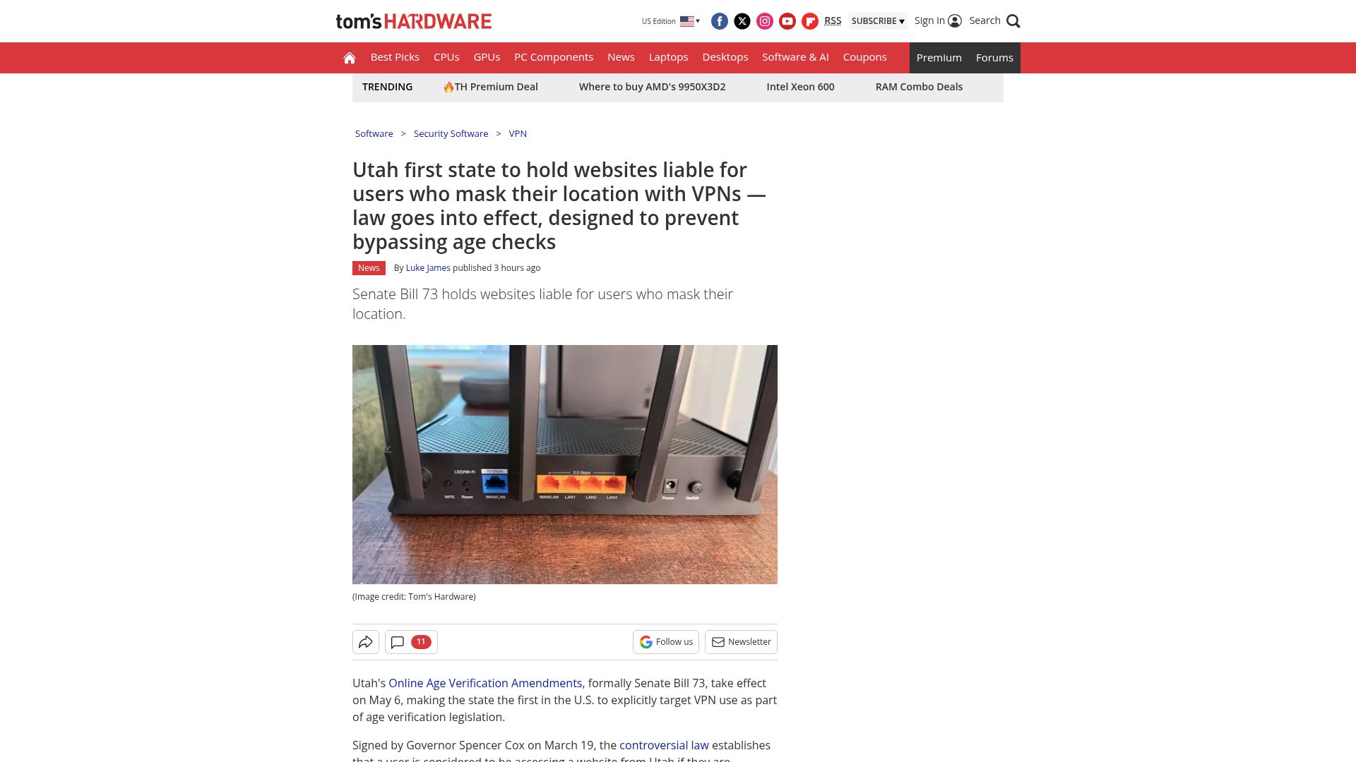 Screenshot of tomshardware.com: Utah to hold websites liable for users who mask their location with VPNs