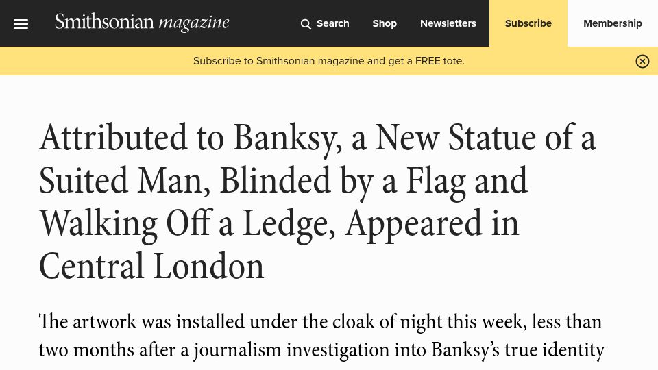 Screenshot of smithsonianmag.com: New statue in London, attributed to Banksy, of a suited man, blinded by a flag