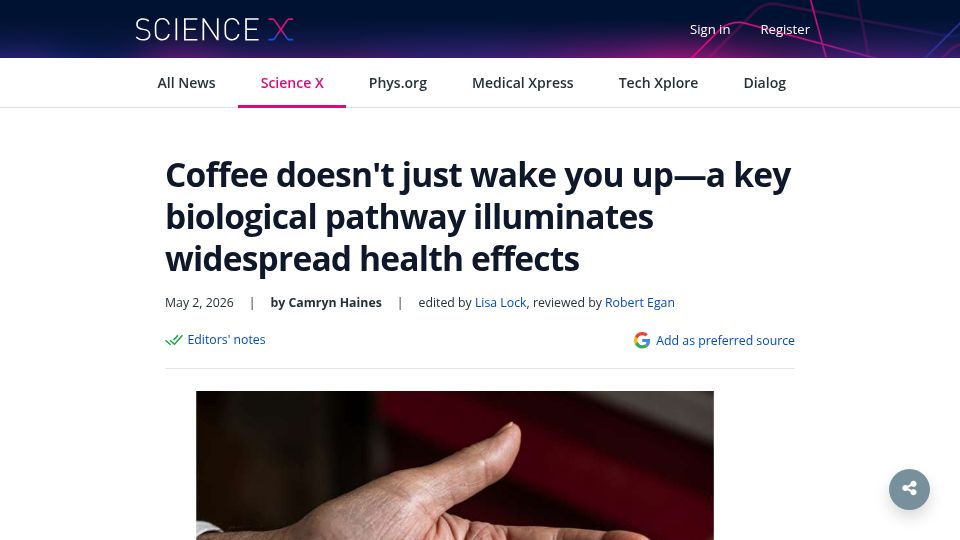 Screenshot of sciencex.com: Nuclear receptor 4A1 linked to health effects of coffee: study