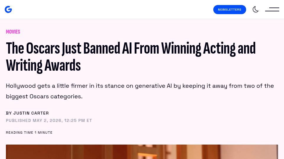 Screenshot of gizmodo.com: The Oscars just banned AI from winning acting and writing awards