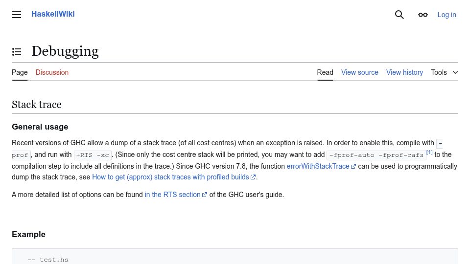 Screenshot of wiki.haskell.org: Haskell: Debugging