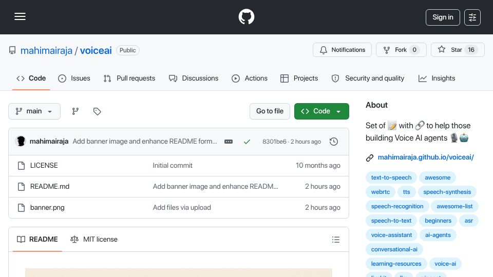 Screenshot of github.com: Voice-AI-for-Beginners – A curated learning path for developers