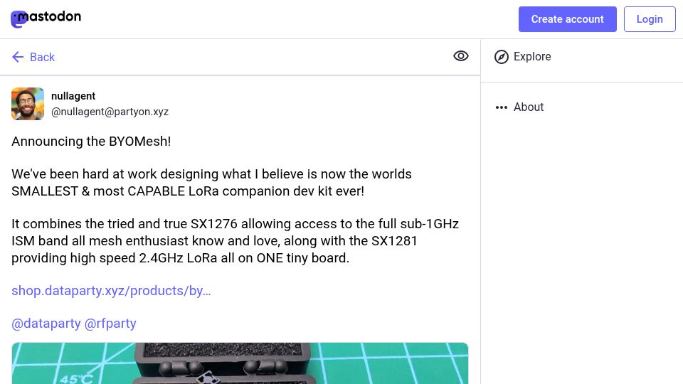 Screenshot of partyon.xyz: BYOMesh – New LoRa mesh radio offers 100x the bandwidth