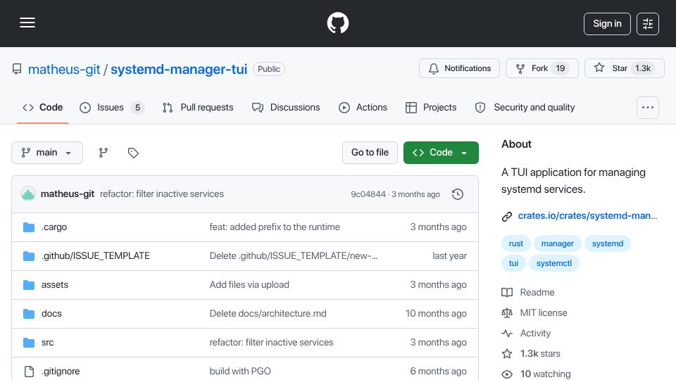 Screenshot of github.com: Systemd-manager-TUI: A TUI application for managing systemd services