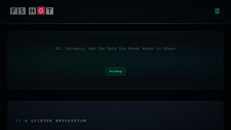 Screenshot of fshot.org: AI, Intimacy, and the Data You Never Meant to Share