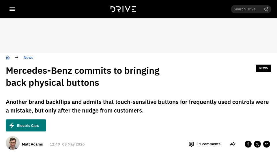 Screenshot of drive.com.au: Mercedes-Benz commits to bringing back physical buttons