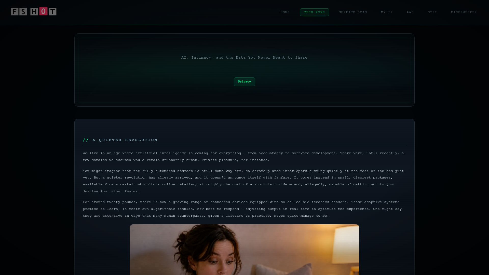 Screenshot of fshot.org: AI, Intimacy, and the Data You Never Meant to Share