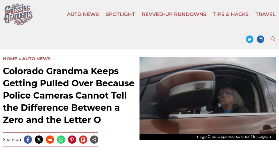 Screenshot of guessingheadlights.com: Flock repeatedly flags 76-year old Grandmother for arrest, erroring zero for "O"