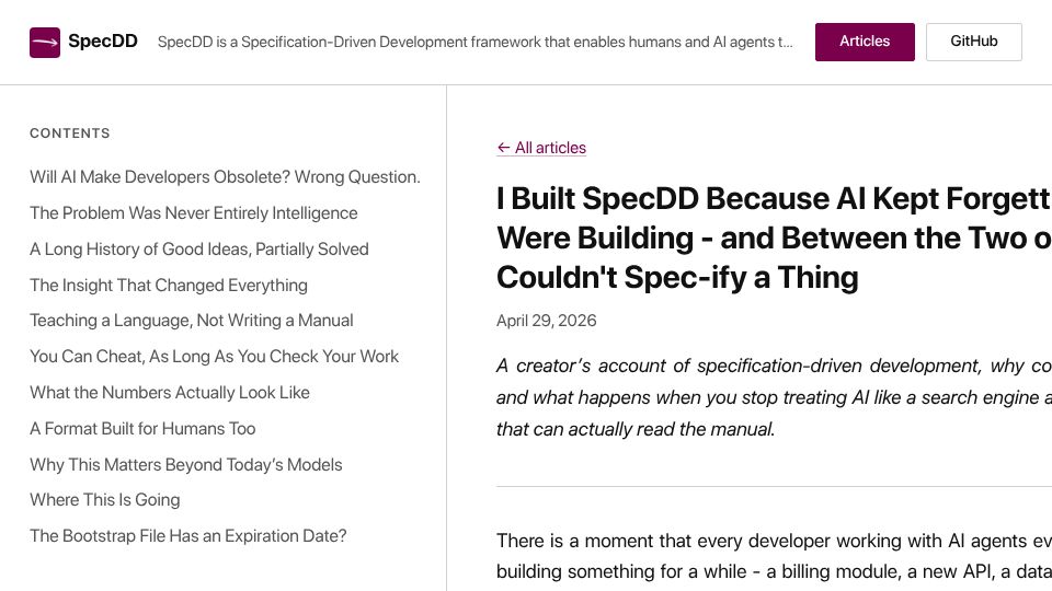 Screenshot of specdd.ai: I Built SpecDD Because AI Kept Forgetting What We Were Building