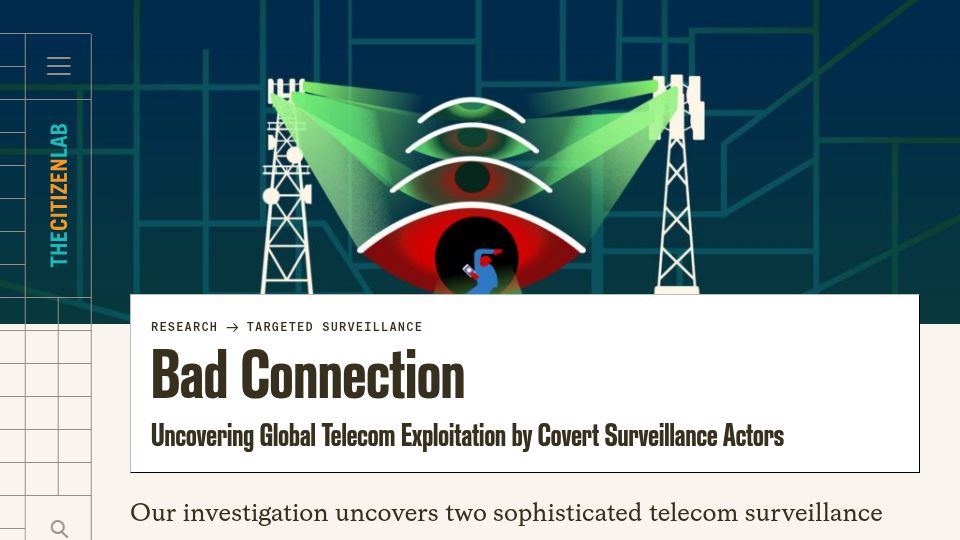 Screenshot of citizenlab.ca: Bad Connection: Global telecom exploitation by covert surveillance actors