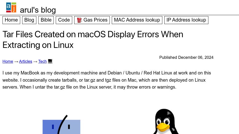 Screenshot of aruljohn.com: Tar Files Created on macOS Display Errors When Extracting on Linux (2024)