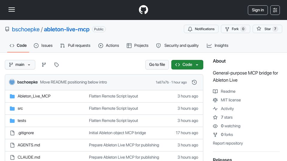 Screenshot of github.com: Show HN: Ableton Live MCP