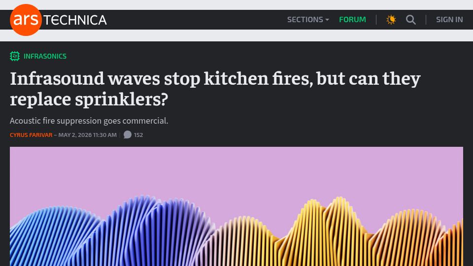 Screenshot of arstechnica.com: Infrasound waves stop kitchen fires, but can they replace sprinklers?