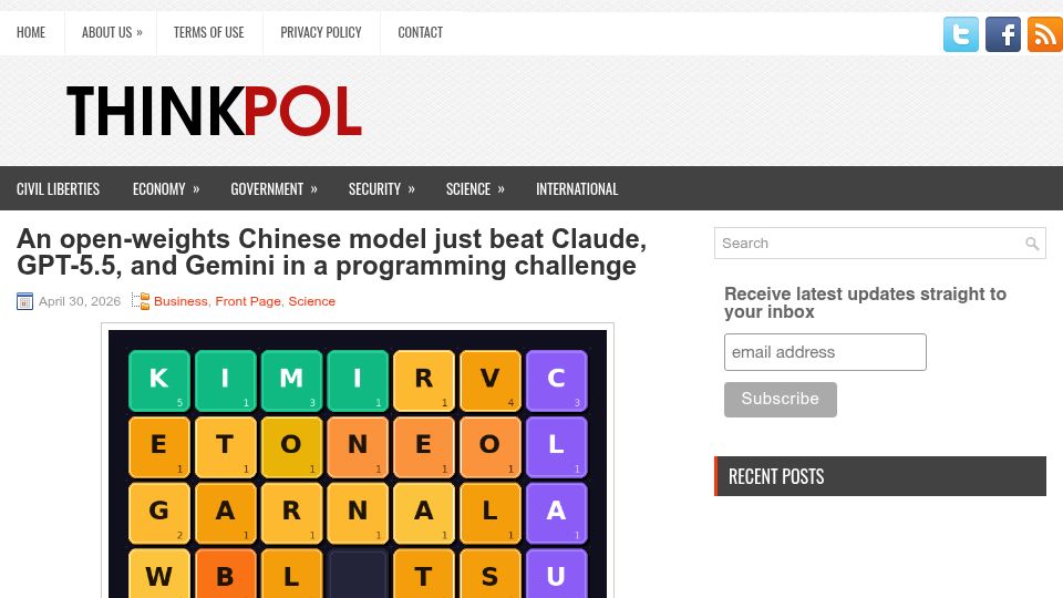 Screenshot of thinkpol.ca: Kimi K2.6 just beat Claude, GPT-5.5, and Gemini in a coding challenge