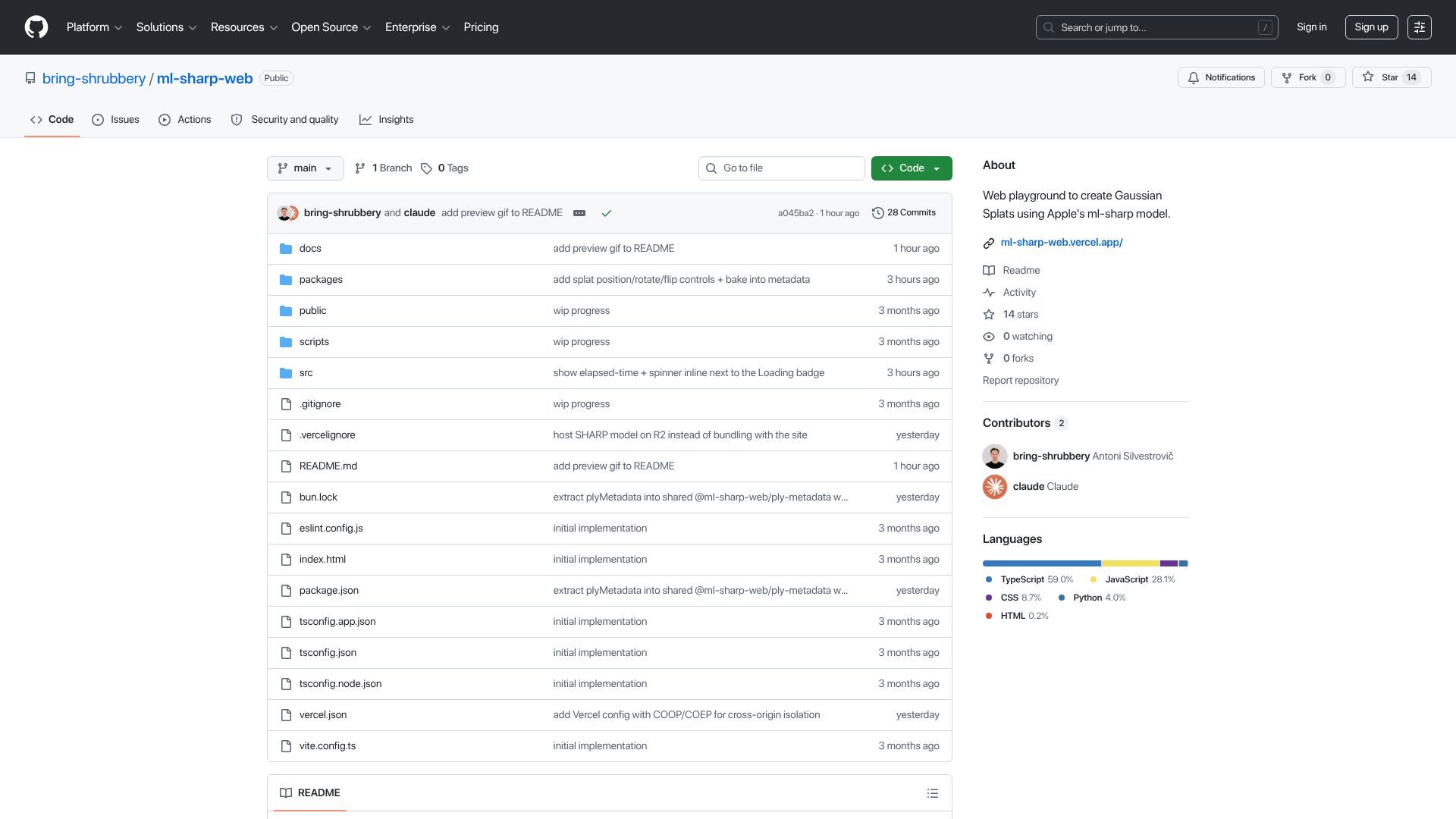 Screenshot of github.com: Show HN: Apple's SHARP running in the browser via ONNX runtime web