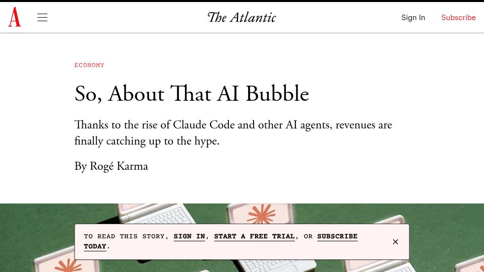 Screenshot of theatlantic.com: Maybe AI Isn't a Bubble After All