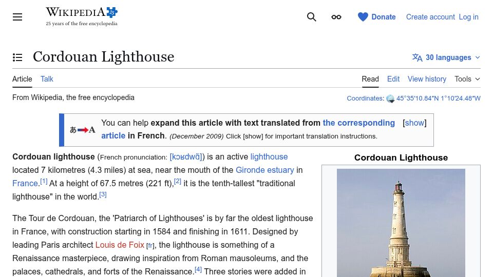 Screenshot of en.wikipedia.org: Cordouan Lighthouse