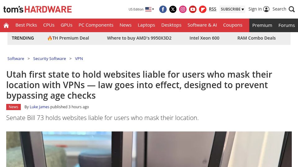 Screenshot of tomshardware.com: Utah to hold websites liable for users who mask their location with VPNs