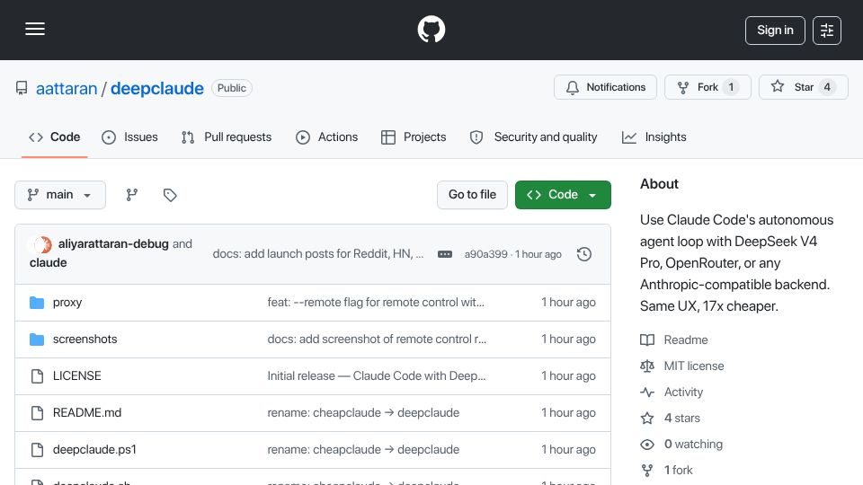 Screenshot of github.com: DeepClaude – Claude Code agent loop with DeepSeek V4 Pro