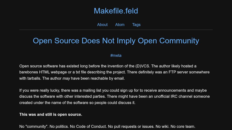 Screenshot of blog.feld.me: Open source does not imply open community
