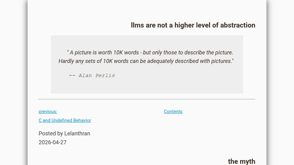 Screenshot of lelanthran.com: LLMs Are Not a Higher Level of Abstraction
