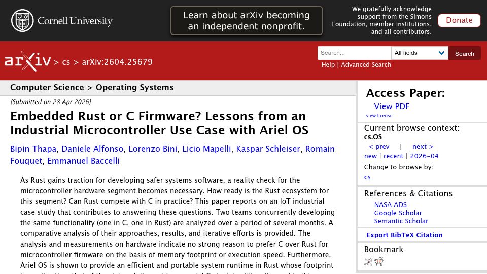 Screenshot of arxiv.org: Embedded Rust or C firmware? Lessons from an industrial microcontroller use case