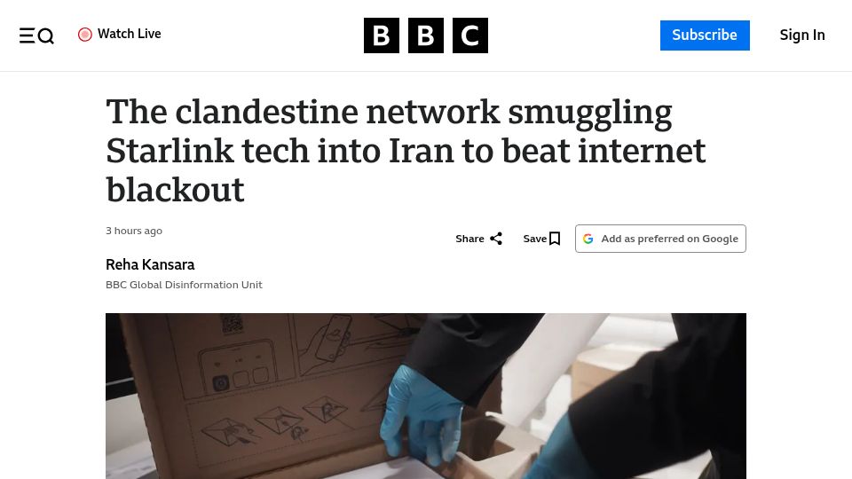 Screenshot of bbc.com: A network smuggling Starlink tech into Iran to beat internet blackout
