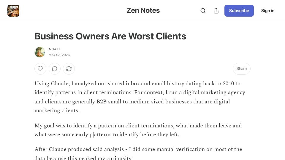 Screenshot of zencapital.substack.com: Business Owners Are Worst Clients