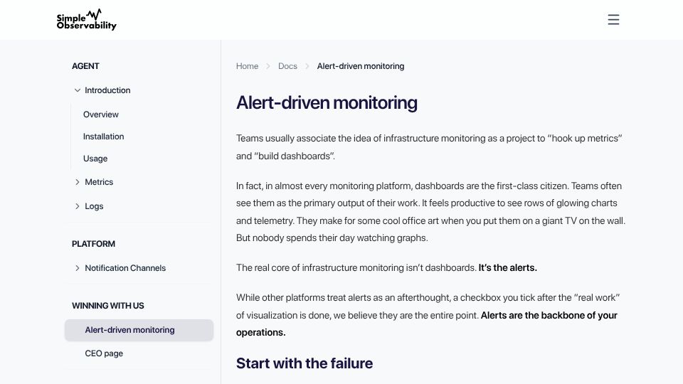 Screenshot of simpleobservability.com: Alert-driven monitoring