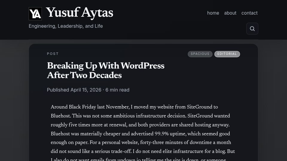 Screenshot of yusufaytas.com: Breaking Up with WordPress After Two Decades