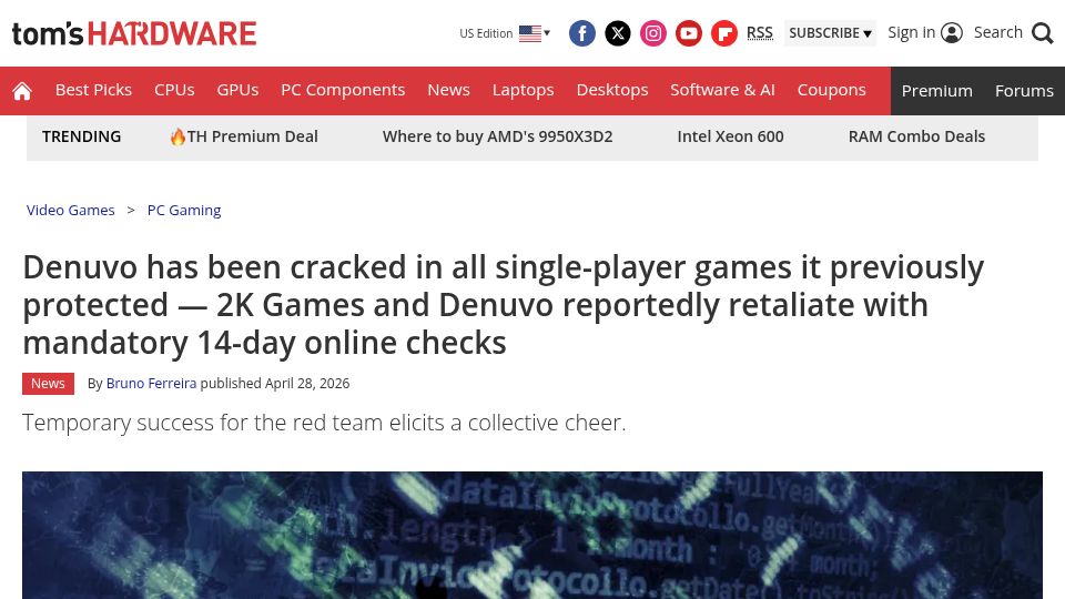 Screenshot of tomshardware.com: Denuvo has been cracked in all single-player games it previously protected