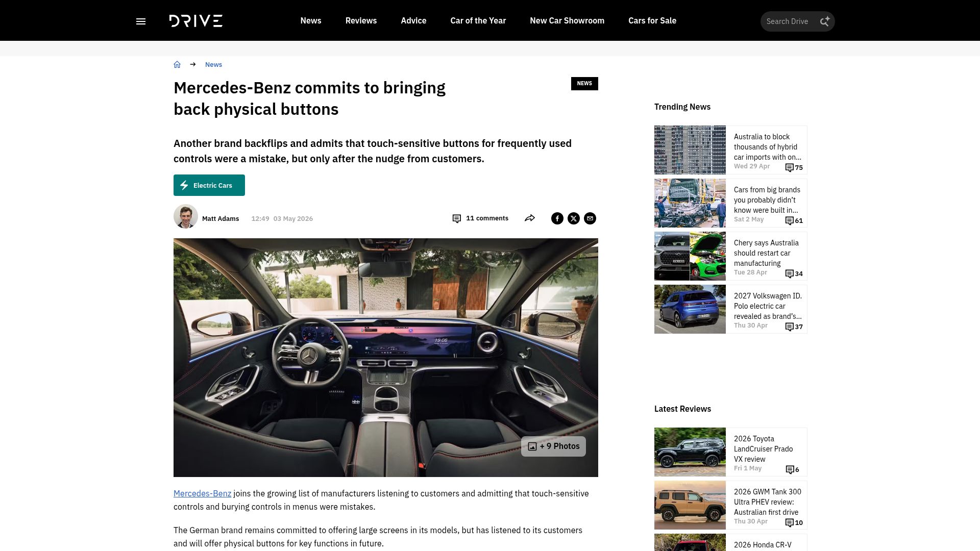 Screenshot of drive.com.au: Mercedes-Benz commits to bringing back physical buttons