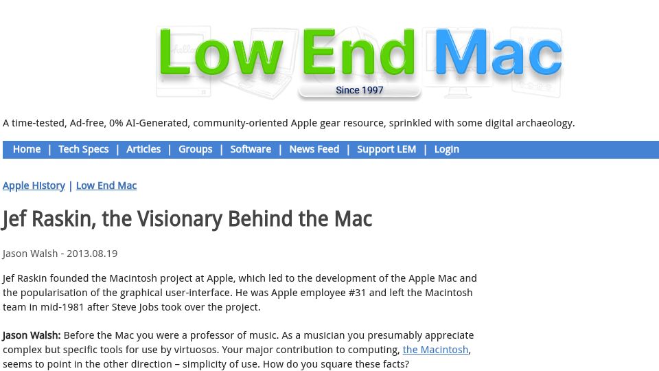 Screenshot of lowendmac.com: Jef Raskin, the Visionary Behind the Mac (2013)
