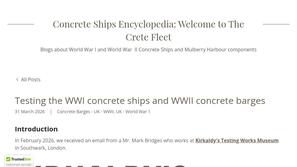 Screenshot of thecretefleet.com: Testing the WWI concrete ships and WWII concrete barges